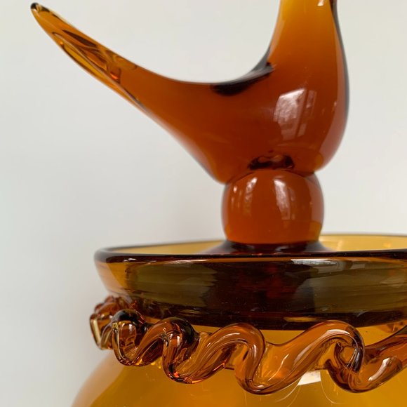 VTG Compote Hand Blown Rigaree Trim Lidded Rooster Amber Pedestal Art Glass - Picture 11 of 12